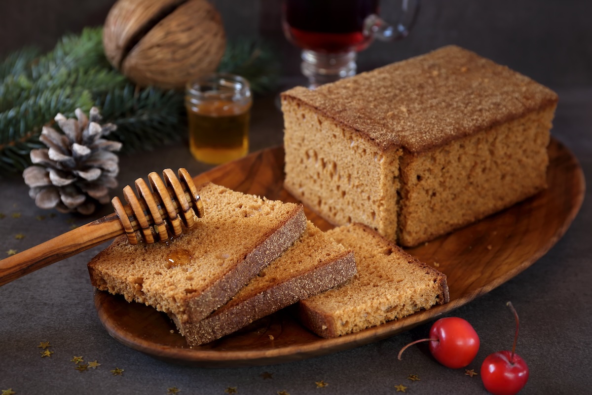 French spice bread, honey and mulled wine. Toned image