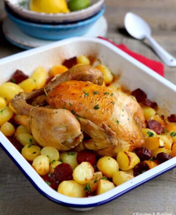 Poulet rôti aux pommes de terre et chorizo